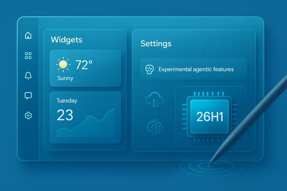 Blue futuristic dashboard UI with widgets (weather, date) and a settings panel, plus a stylus.