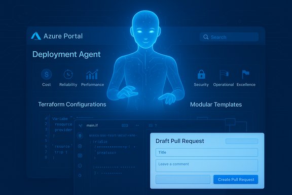 Blue holographic Azure Portal interface featuring a Deployment Agent and config tools.