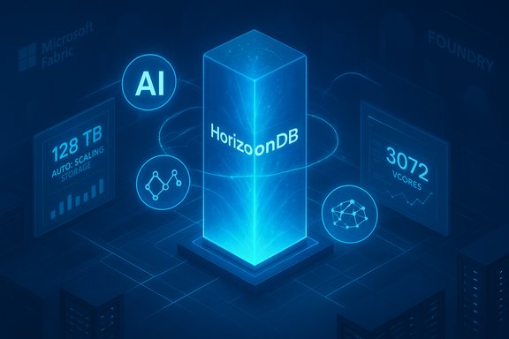 HorizonDB, a blue holographic database pillar, surrounded by AI icons and performance stats.