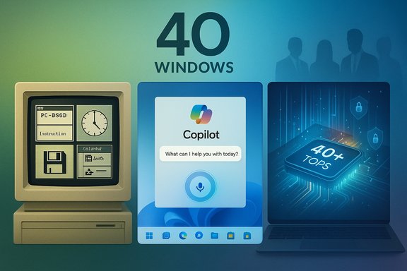 A banner titled '40 Windows' shows a retro PC, Copilot chat, and a modern laptop.