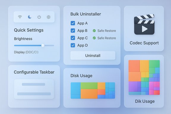 A soft blue dashboard of rounded widgets showing Quick Settings, Bulk Uninstaller, Codec Support, and Disk Usage.