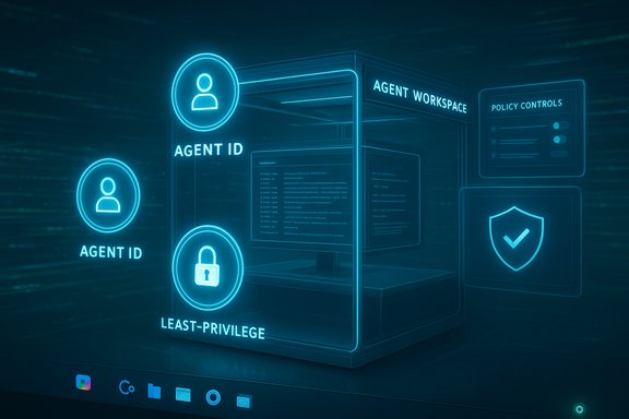 Futuristic neon holographic agent workspace featuring agent IDs, least-privilege access, and policy controls.