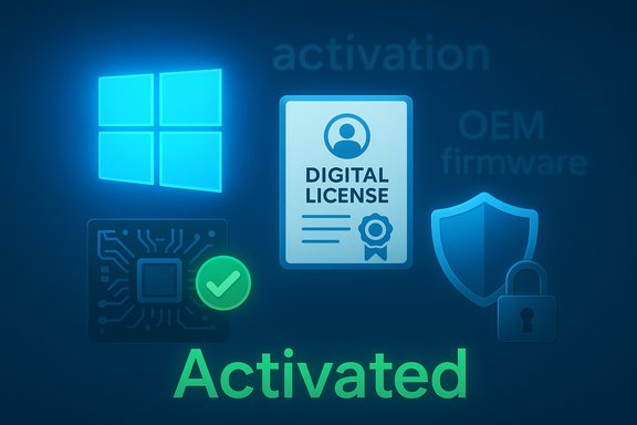 Blue, glowing icons depict an activated digital license with Windows logo and security symbols.