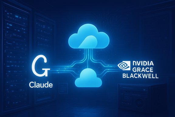 Blue neon cloud network connects Claude with NVIDIA Grace Blackwell in a data center.