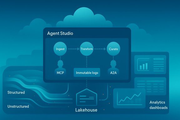 Agent Studio: data flow from Ingest to Transform to Curate in a Lakehouse with dashboards.