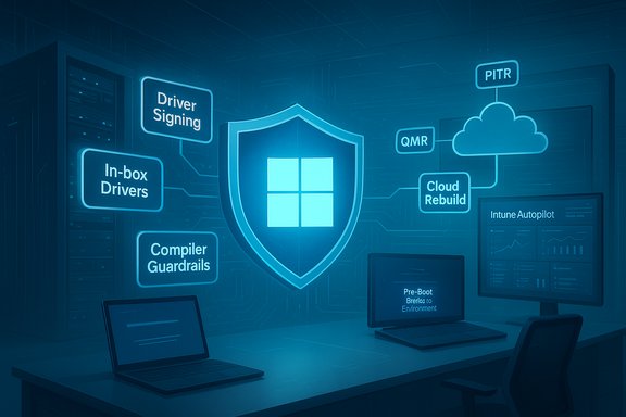 A futuristic lab wall with a glowing Windows shield and cloud/driver-signing labels.