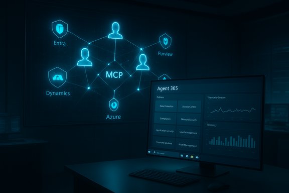 Blue holographic security network labeled MCP, Azure, Entra, and Purview, with Agent 365 dashboard.