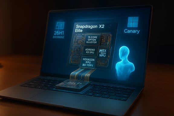 A futuristic laptop screen shows a blue holographic Snapdragon X2 Elite processor diagram. A futuristic laptop screen shows a blue holographic Snapdragon X2 Elite processor diagram.