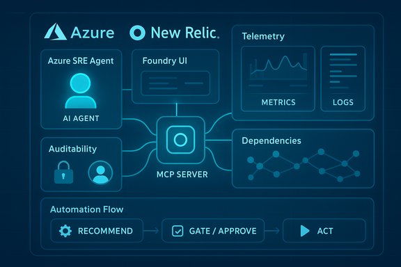 Blueprint-style diagram of an MCP Server connected to Azure and New Relic components, telemetry, audits, and automation flow.