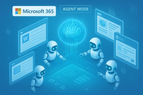 Microsoft 365 Agent Mode: four friendly robots coordinate around a glowing brain hologram.