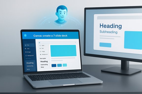 Canva design on laptop and monitor: creating a 7-slide deck with a blue holographic avatar.
