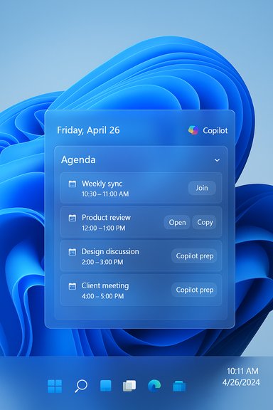 A translucent blue calendar panel on a blue abstract wallpaper showing Friday, April 26 and agenda items.