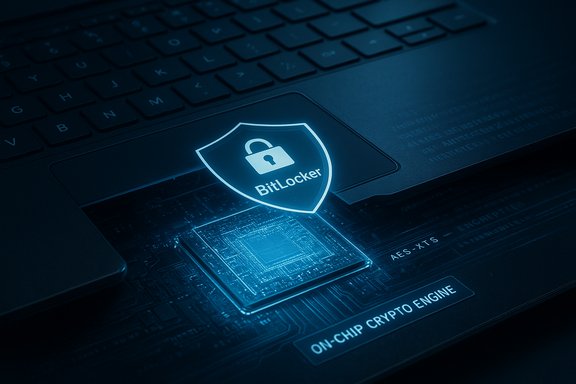Glowing BitLocker shield on a laptop signals secure on-chip encryption.
