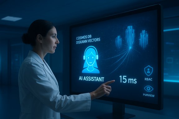 A scientist interacts with a blue-lit touchscreen AI assistant interface in a high-tech lab.