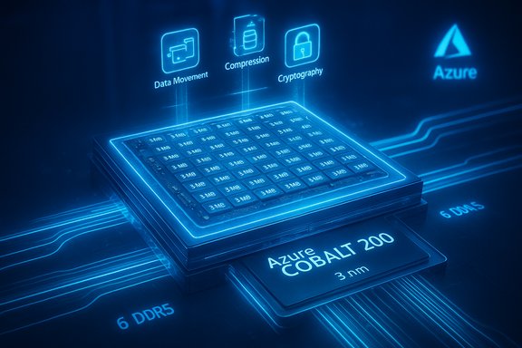 Blue holographic Azure COBALT 200 chip, 3nm, for data movement, compression, and cryptography.