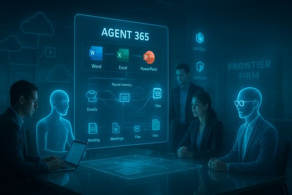 A team reviews a holographic Agent 365 interface showing Word, Excel and PowerPoint.