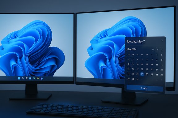 A dual-monitor setup with a calendar widget overlaid on the right screen.