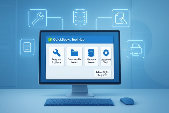 Monitor shows QuickBooks Tool Hub dashboard with Program Problems, File issues, Network Issues, and Admin Rights.