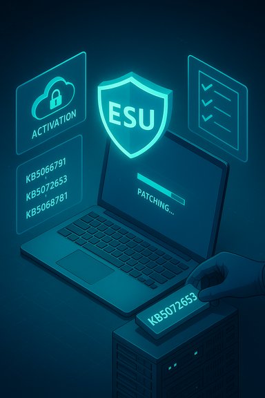 A glowing laptop displays patching progress with an ESU shield and activation icons.