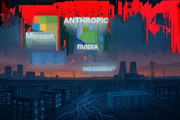 Futuristic data center at dusk with neon holographic logos for Microsoft, Anthropic, and NVIDIA.