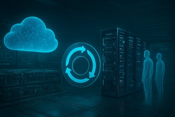 Futuristic data center with a glowing cloud, a sync symbol, servers, and holographic figures.