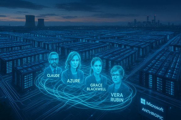 Holographic AI personas Claude, Azure, Grace Blackwell, and Vera Rubin loom over a blue-lit data center.