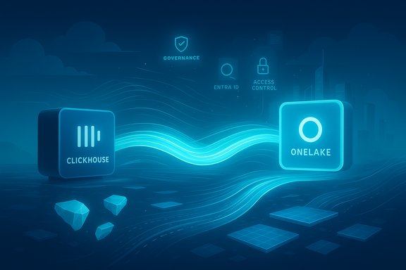 A futuristic blue data landscape showing ClickHouse and OneLake connected by glowing streams.