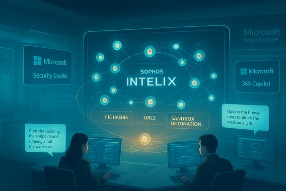 Security analysts monitor a Sophos Intelix dashboard in a Microsoft security operations setup.