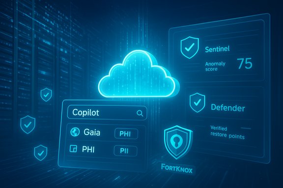 Blue neon cloud security dashboard showing a cloud icon, FortKnox shield, and anomaly score 75.