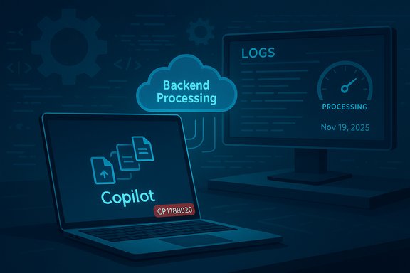 Blue-toned illustration of backend processing in the cloud with Copilot and logs.