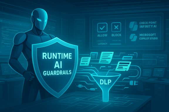 Futuristic AI security scene featuring a robot guarding runtime AI guardrails and a DLP funnel.