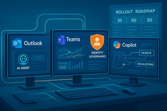 Tech workspace with multiple monitors displaying Outlook, Teams, and Copilot dashboards.