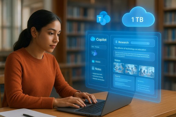 A woman uses a holographic AI assistant interface projected from her laptop.
