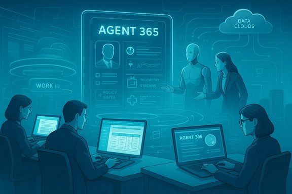 A futuristic command center where humans and a humanoid robot monitor Agent 365 dashboards.