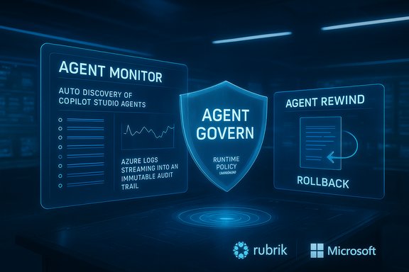 Futuristic holographic dashboards show agent monitor, rewind, and governance.