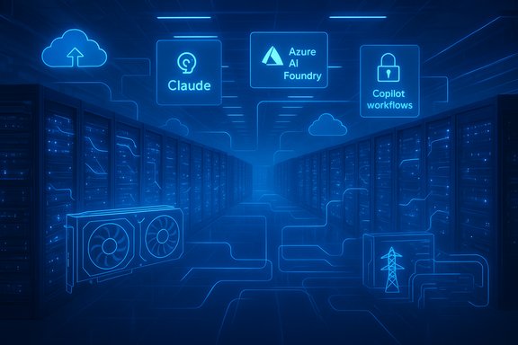Blue neon data center with server racks and cloud icons for Claude, Azure AI Foundry, Copilot workflows.