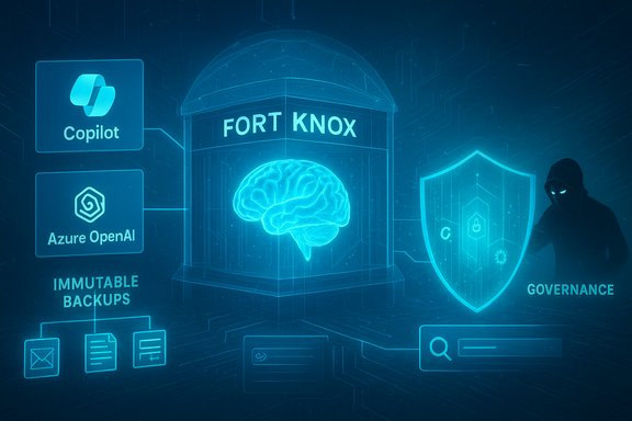 Fort Knox AI vault protects a glowing brain, with Copilot, Azure OpenAI, immutable backups, and governance shield.