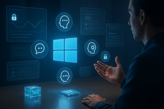 A person interacts with a holographic Windows UI showing AI icons and a glowing NPU cube.