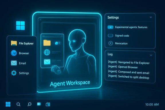 A neon-blue holographic agent workspace with apps, folders, and settings panels.