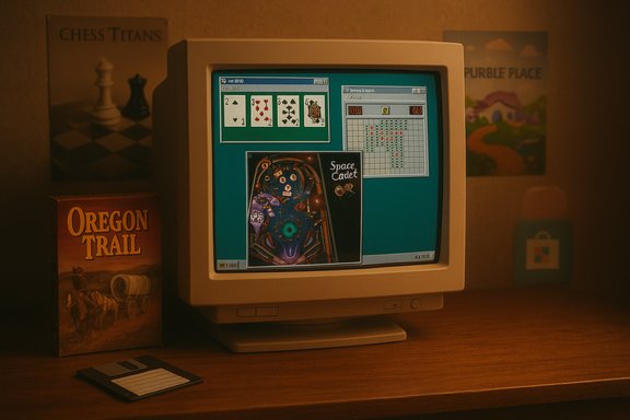 Retro CRT monitor shows vintage PC games, with an Oregon Trail box and floppy disk on a wooden desk.