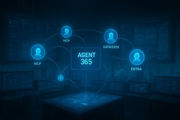 Neon holographic diagram of AGENT 365 connected to MCP, Dataverse, and Entra.