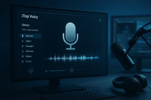A desktop setup with a voice tool UI on screen, a mic, and headphones.
