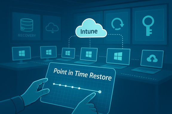 A user uses a tablet to perform a Point in Time Restore via the Intune cloud for Windows laptops.