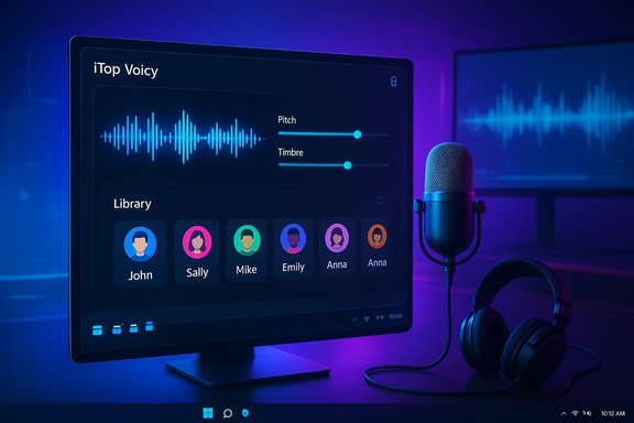 A sleek monitor displays iTop Voicy with waveform, pitch/timbre sliders, and a library of avatars.