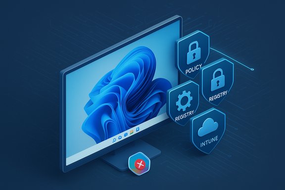 Blue 3D computer with security shields for policy, registry, and Intune.