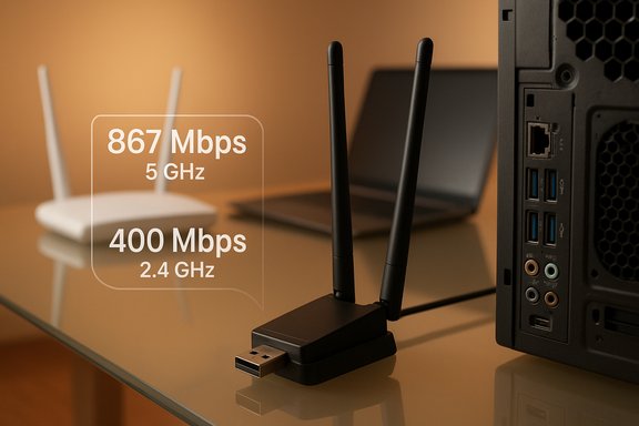 Dual-antenna USB Wi-Fi adapter beside a PC, showing 867 Mbps (5 GHz) and 400 Mbps (2.4 GHz).