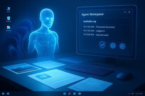 Blue holographic agent at a high-tech desk, viewing an audit log on a curved monitor.