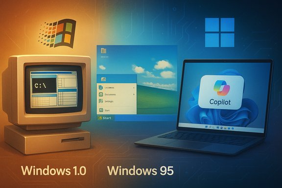 Retro computer collage showing Windows 1.0, Windows 95, and Copilot on a laptop.