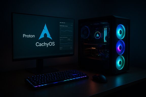 Dark desk setup with RGB-lit PC and keyboard, monitor displaying the Proton CachyOS logo.