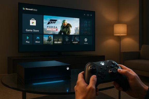 Dim living room with Xbox console and controller, TV showing the Microsoft Store game library.